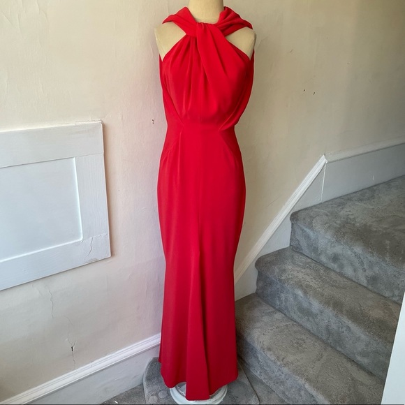 Talbot Runhof Red Crepe Golatta Draped High-Slit Split-Shoulder Halter Gown Sz 6 - Picture 2 of 12